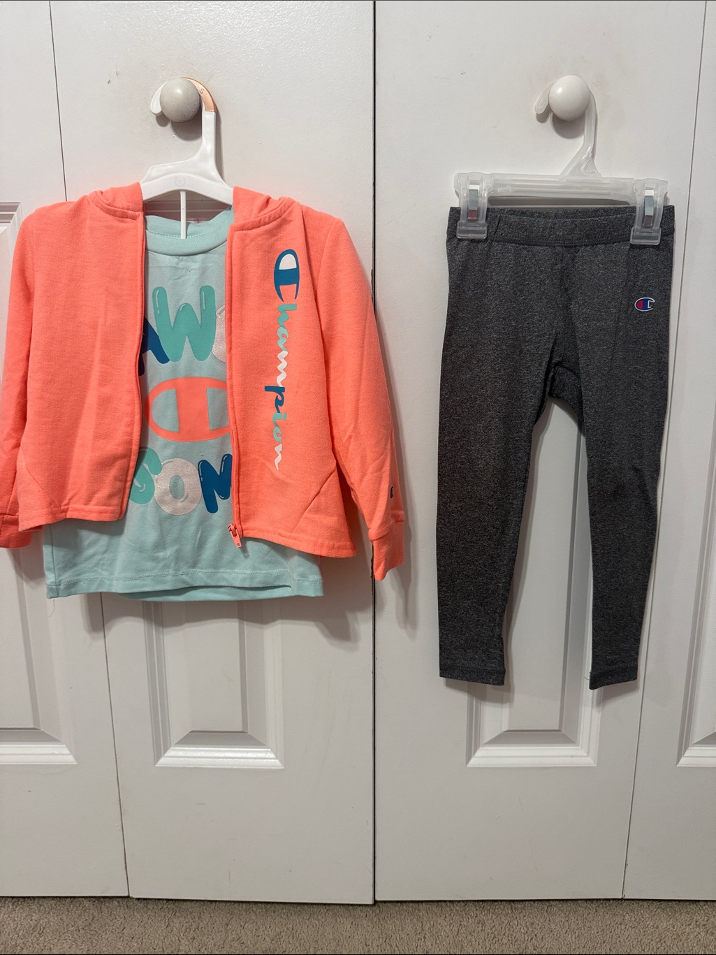 Champion Girls 3-Piece Active Set - Coral Hoodie, Mint Tee, Charcoal Leggings